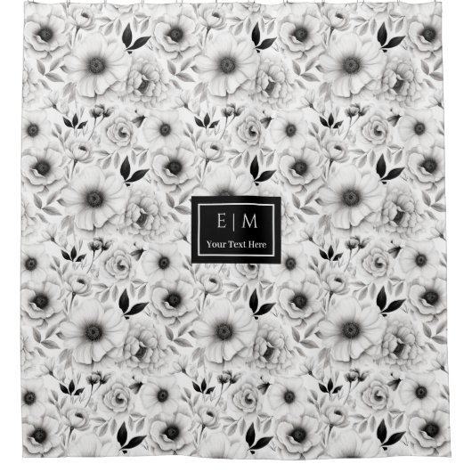 ボヘミアの白と黒の花のシャワーカーテン シャワーカーテン (正面)