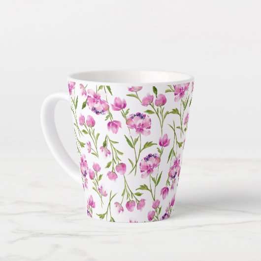 ボヘミアの緩い水色の花ピンクと緑 カフェラテマグ (左アングル)