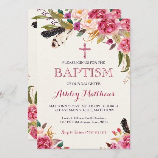 ボヘミアの羽の花の洗礼の招待状 招待状 (正面/裏面)