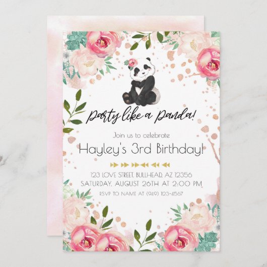 ボヘミアの花パーティーのようなパンダ誕生日 招待状 (正面/裏面)