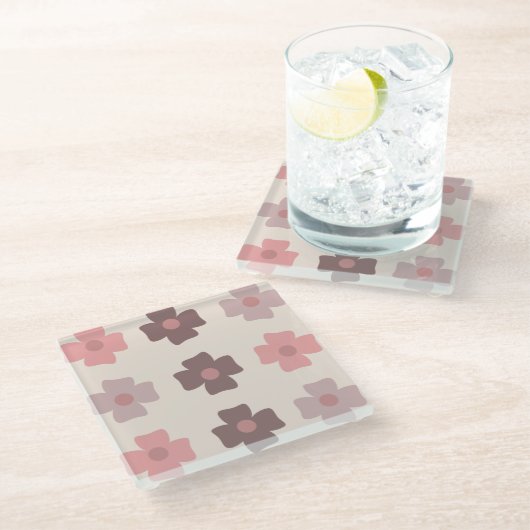 ボヘミアの花ピンク茶色のパターン ガラスコースター (アングル)