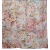 ボヘミアの赤面のピンクのコラージュの花柄のタイポグラフィ シャワーカーテン (正面)