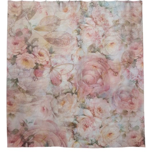 ボヘミアの赤面のピンクのコラージュの花柄のタイポグラフィ シャワーカーテン (正面)