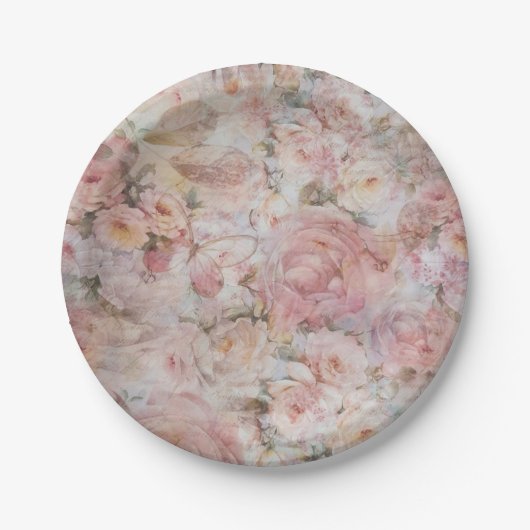 ボヘミアの赤面のピンクのコラージュの花柄のタイポグラフィ ペーパープレート (正面)