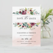 ボヘミアの赤面ピンク·バーゴーニュ·フローラが日付を救う 招待状 (スタンド正面)