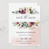 ボヘミアの赤面ピンク·バーゴーニュ·フローラが日付を救う 招待状 (正面/裏面)