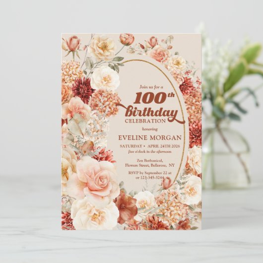 ボヘミアカラフル秋フローラセージ100歳の誕生日 招待状 (スタンド正面)