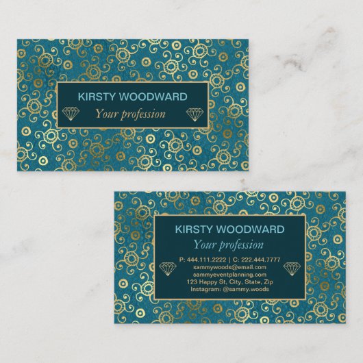 ボヘミアティール(緑がかった色)及び金箔孔雀パターン 名刺 (正面/裏面)