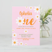 ボヘミアデイジーベビー1st誕生日パーティーかわいいピンク 招待状 (スタンド正面)