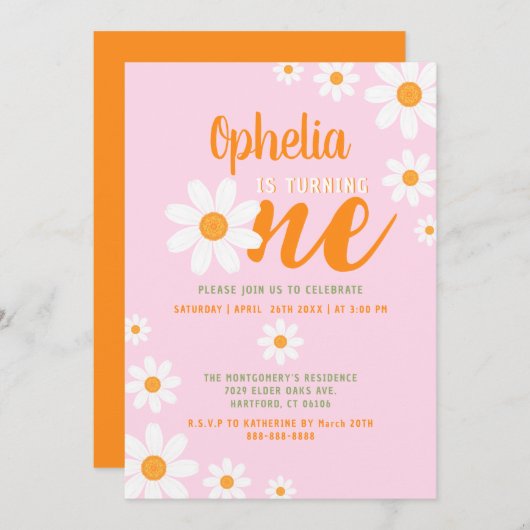 ボヘミアデイジーベビー1st誕生日パーティーかわいいピンク 招待状 (正面/裏面)