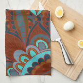 ボヘミアパターン、ターコイズおよびブラウン キッチンタオル (四つ折り)