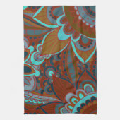 ボヘミアパターン、ターコイズおよびブラウン キッチンタオル (縦)