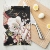 ボヘミアフランスの国のシックなブラックフローラ キッチンタオル (四つ折り)