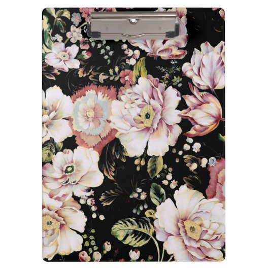 ボヘミアフランスの国のシックなブラックフローラ クリップボード (正面)