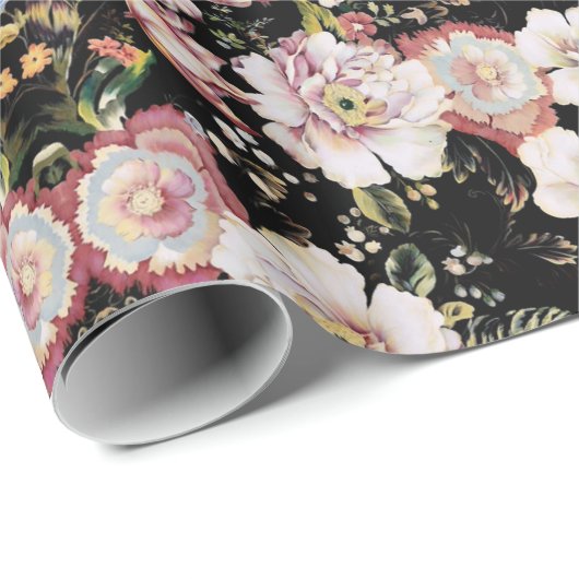 ボヘミアフランスの国のシックなブラックフローラ ラッピングペーパー (ロールコーナー)