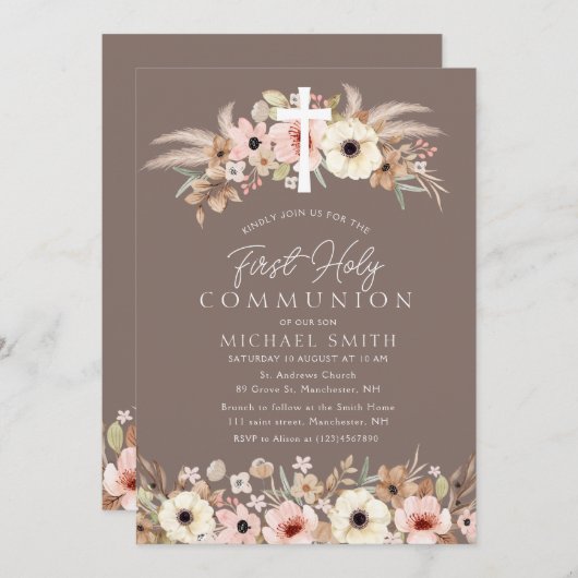 ボヘミアフローラモダン最初の聖餐会 招待状 (正面/裏面)