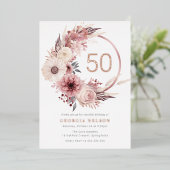 ボヘミアフローラリース50番目の誕生日バラ金ゴールド 箔招待状 (立ち正面)