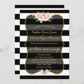 ボヘミアフローラ金ゴールドストライプ白黒結婚ズ 招待状 (正面/裏面)