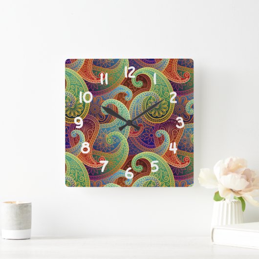 ボヘミアペイズリー時代のパターン スクエア壁時計 (ホーム)