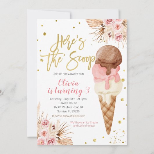 ボヘミアンこちらスクープのアイスクリーム誕生日 招待状 (正面)