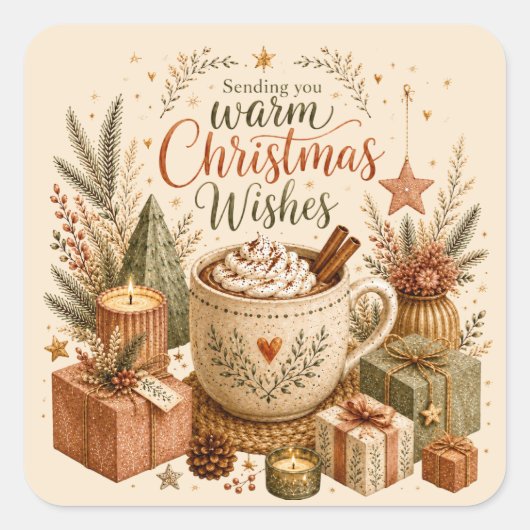 ボヘミアンなクリスマスの挨拶 "Warm Christmas Wishes" スクエアシール (正面)
