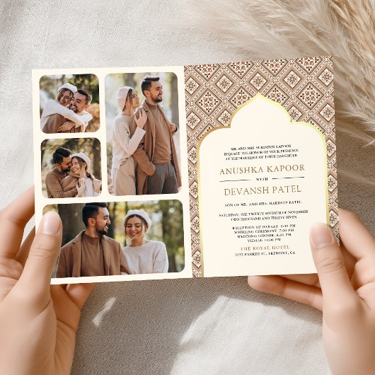 ボヘミアンなクリーム色の幾何学模様のインドの結婚式にぴったりなワンピース 招待状