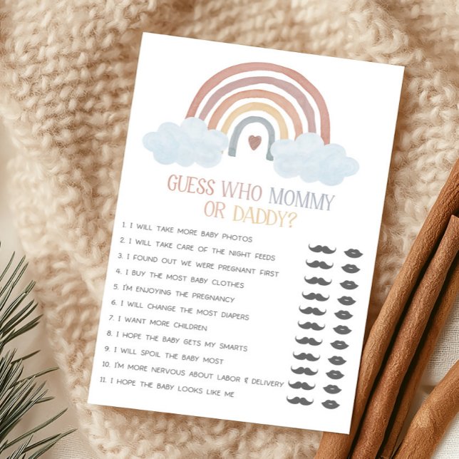 ボヘミアンなサンシャインのゲストがママかパパか当てるゲーム (Boho Rainbow Baby Shower Guess Who Mommy or Daddy Game)