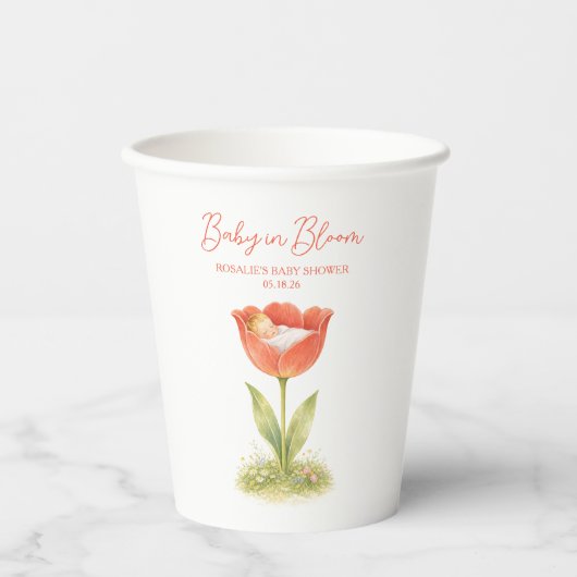 ボヘミアンなベビーシャワーのための「Baby in Bloom」デザイン 紙コップ (正面)