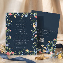 ボヘミアンなワイルドフラワーのネイビーブルーのQRコードRSVP結婚式