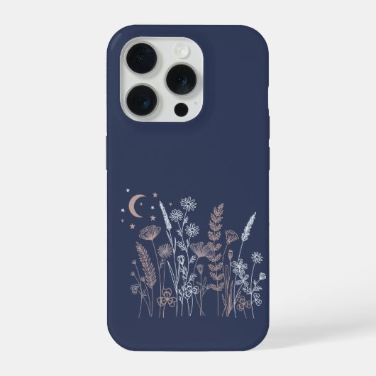 ボヘミアンな夜空の花のイラスト - 月と星& iPhoneケース (裏面)