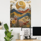ボヘミアンな天体太陽と月の顔の山と鳥 ポスター (ホームオフィス)