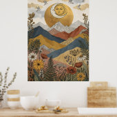 ボヘミアンな天体太陽と月の顔の山と鳥 ポスター (キッチン)