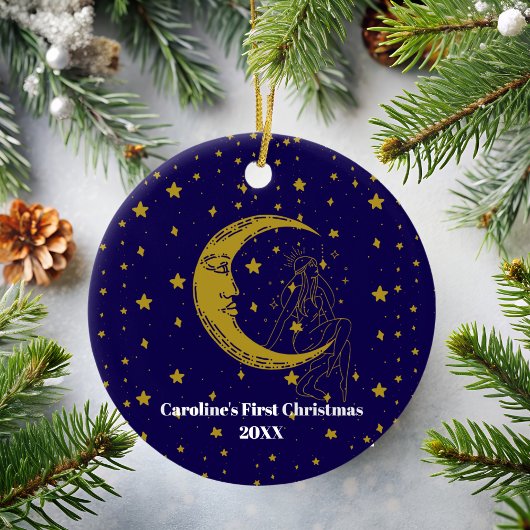ボヘミアンな天体女性の幻想的な月と星の1st Xmas セラミックオーナメント