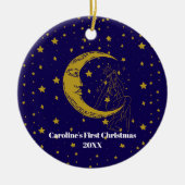 ボヘミアンな天体女性の幻想的な月と星の1st Xmas セラミックオーナメント (正面)