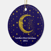 ボヘミアンな天体女性の幻想的な月と星の1st Xmas セラミックオーナメント (左)