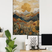 ボヘミアンな天体曼荼羅の太陽と山の草原 ポスター (ホームオフィス)