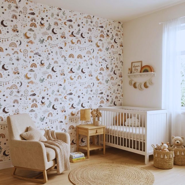 ボヘミアンな天体柄の保育園壁紙 | ニュートラルな月と 壁紙 (Trendy boho nursery wallpaper. Creative starry sky & rainbow peel & stick wall decor!)