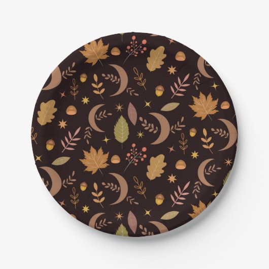 ボヘミアンな月と秋の葉の感 Thanksgiving ディナー ペーパープレート (正面)