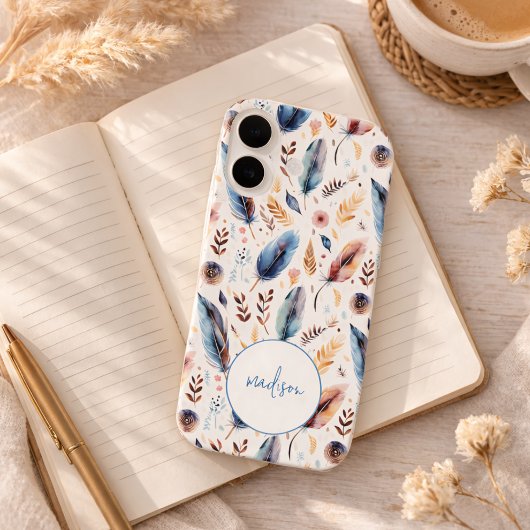 ボヘミアンな水彩の羽と花のオーダーメイドデザイン Case-Mate iPhoneケース