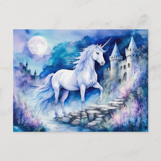 ボヘミアンな水彩画に描かれた魔法の白いユニコーン 古城のほとり ポストカード (正面)