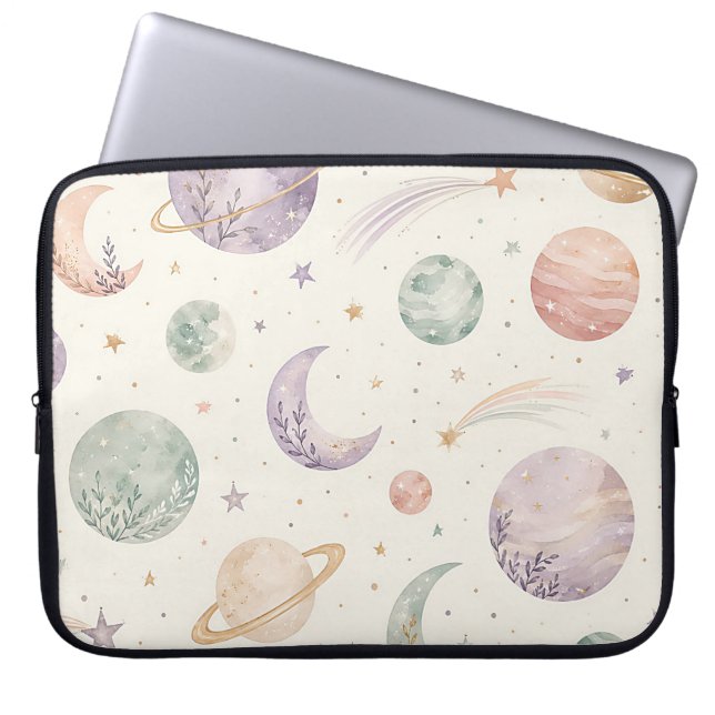 ボヘミアンな水彩画の宇宙と惑星のシームレスパターン ラップトップスリーブ (正面)