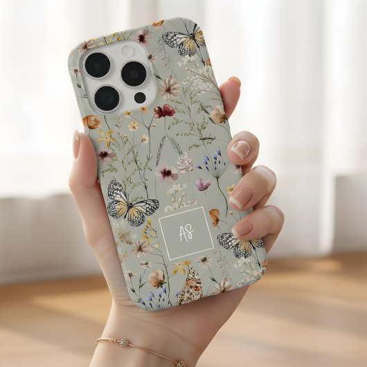 ボヘミアンな水彩野花のモノグラム柄 iPhoneケース