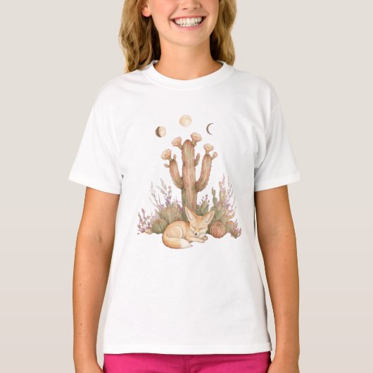 ボヘミアンな砂漠フェネックギツネのサボテン下での眠り Tシャツ (正面)