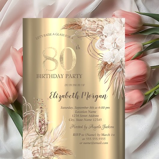 ボヘミアンな花とシャンパングラス ゴールドの80歳の誕生日 招待状