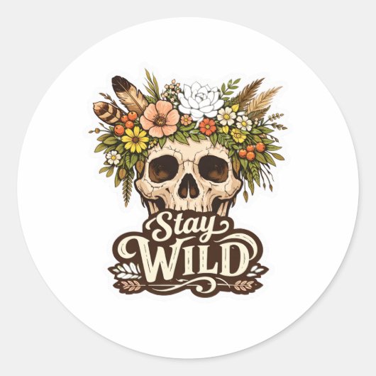 ボヘミアンな花のドクロ "Stay Wild" ステッカー (正面)