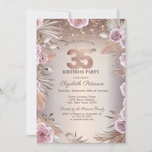 ボヘミアンな花+ストリングライトのボケ+35歳の誕生日 招待状 (正面)