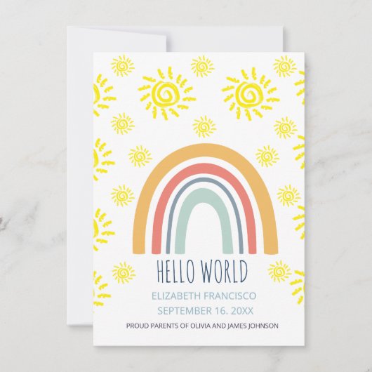 ボヘミアンな虹と太陽の誕生お知らせ Hello World 招待状 (正面)