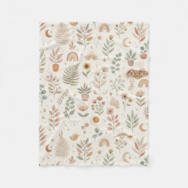 ボヘミアンな野の花と鉢植えの植物が描かれたニュートラルなベビー用品 フリースブランケット