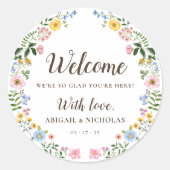 ボヘミアンな野の花の結婚式ウェルカムステッカー袋ラベル ラウンドシール (正面)