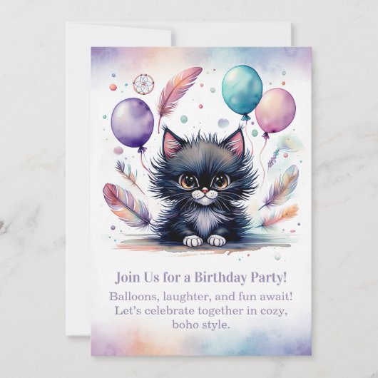 ボヘミアンな黒猫の誕生日招待状 招待状 (正面)